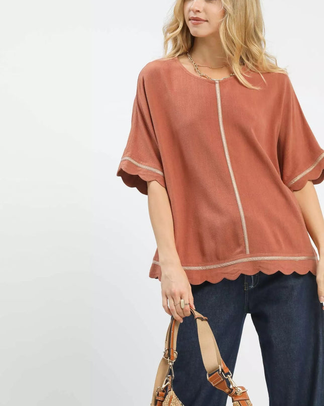 Umgee Linen Blend Scallop Trim Top - Sleekdenim.com