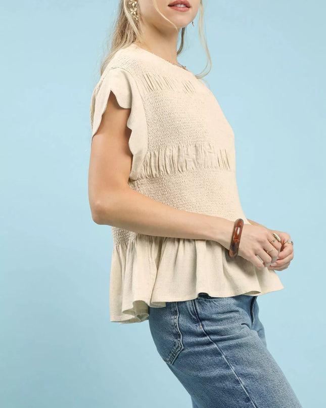 Umgee Linen Blend Smocked Peplum Blouse - Sleekdenim.com