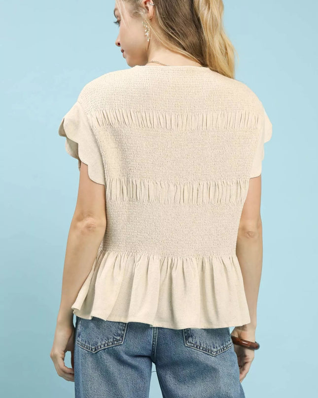 Umgee Linen Blend Smocked Peplum Blouse - Sleekdenim.com