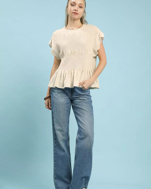 Umgee Linen Blend Smocked Peplum Blouse - Sleekdenim.com