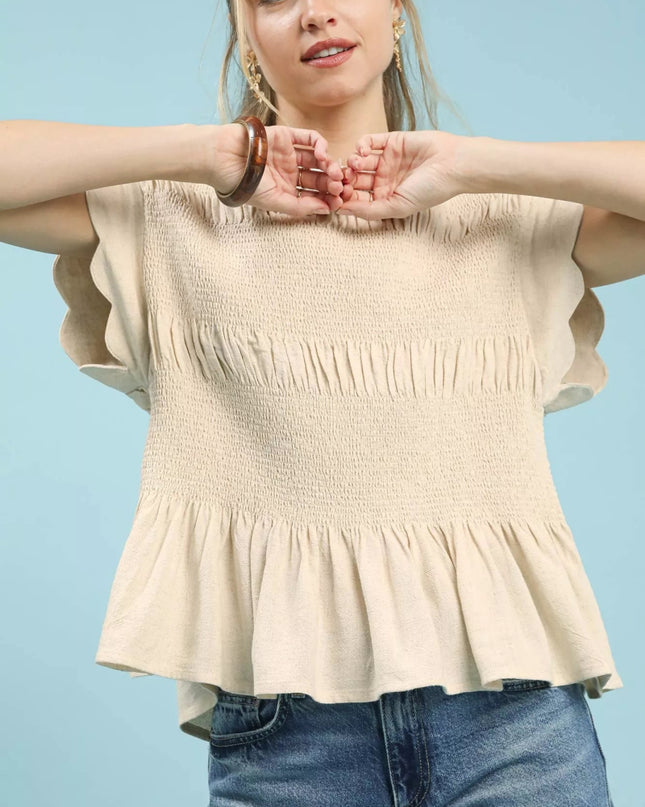 Umgee Linen Blend Smocked Peplum Blouse - Sleekdenim.com