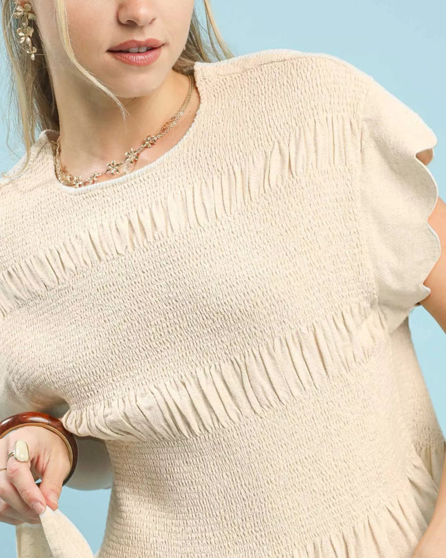 Umgee Linen Blend Smocked Peplum Blouse - Sleekdenim.com