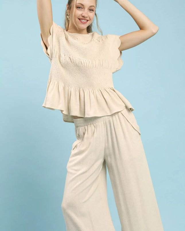 Umgee Linen Blend Smocked Peplum Blouse - Sleekdenim.com