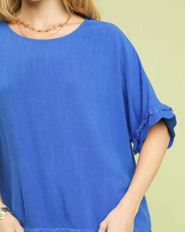 Umgee Linen Frayed Hem Scallop Edge Top - Sleekdenim.com