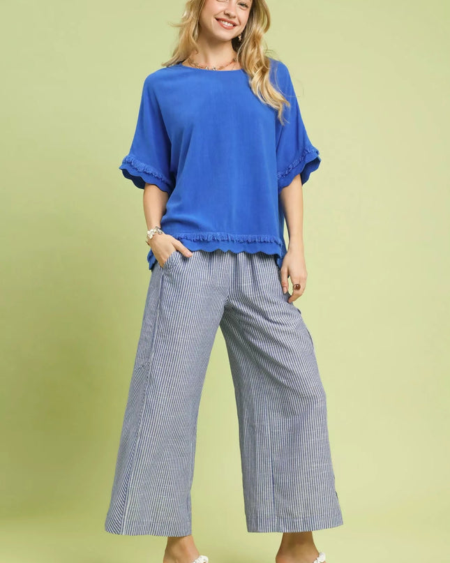 Umgee Linen Frayed Hem Scallop Edge Top - Sleekdenim.com