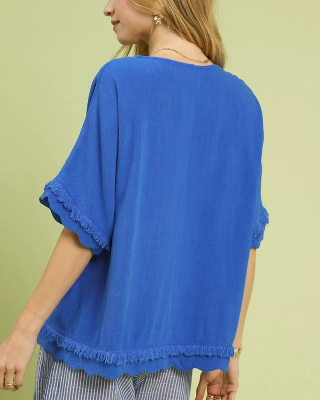 Umgee Linen Frayed Hem Scallop Edge Top - Sleekdenim.com