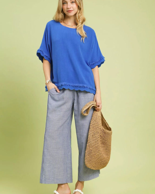 Umgee Linen Frayed Hem Scallop Edge Top - Sleekdenim.com