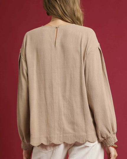 Umgee Linen Scallop Hem Long Sleeve Blouse - Sleekdenim.com