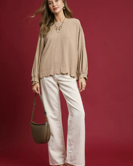 Umgee Linen Scallop Hem Long Sleeve Blouse - Sleekdenim.com