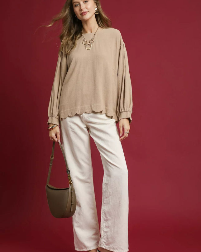 Umgee Linen Scallop Hem Long Sleeve Blouse - Sleekdenim.com