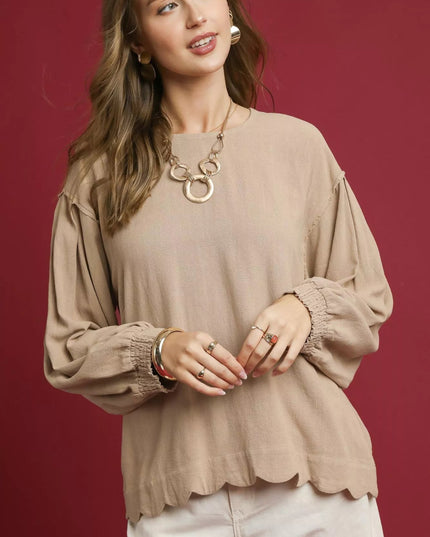Umgee Linen Scallop Hem Long Sleeve Blouse - Sleekdenim.com