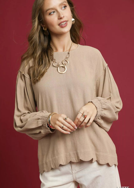 Umgee Linen Scallop Hem Long Sleeve Blouse - Sleekdenim.com