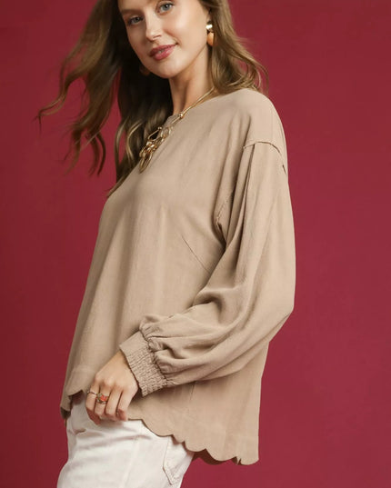 Umgee Linen Scallop Hem Long Sleeve Blouse - Sleekdenim.com