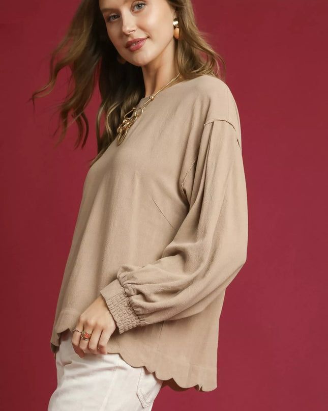 Umgee Linen Scallop Hem Long Sleeve Blouse - Sleekdenim.com