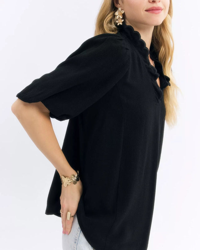 Umgee Linen Scallop Trim V - Neck Blouse - Sleekdenim.com
