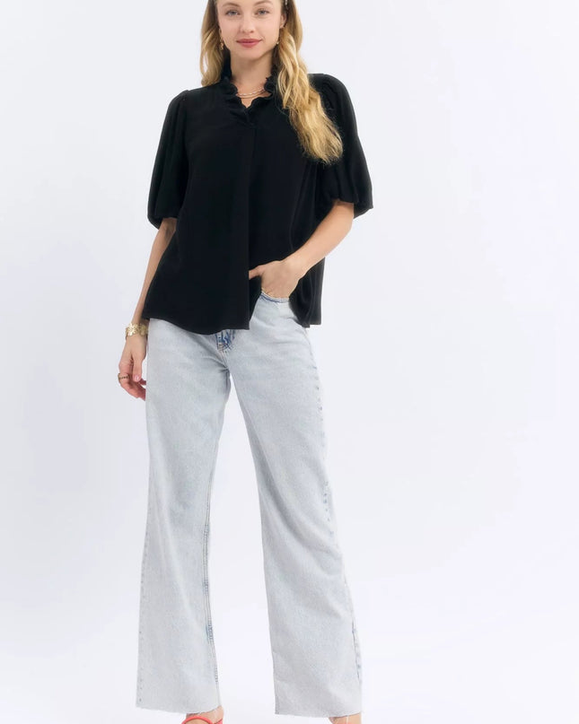 Umgee Linen Scallop Trim V - Neck Blouse - Sleekdenim.com
