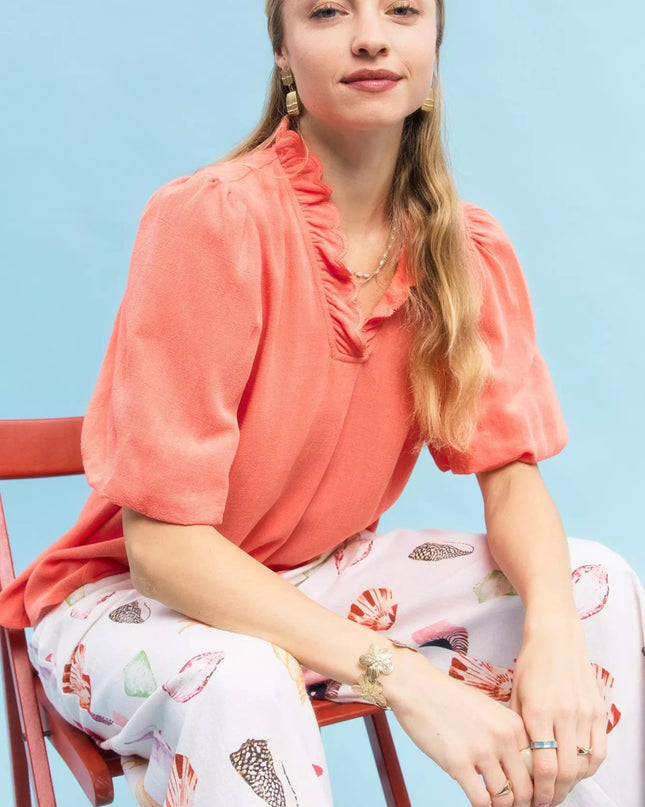 Umgee Linen Scallop Trim V - Neck Blouse - Sleekdenim.com