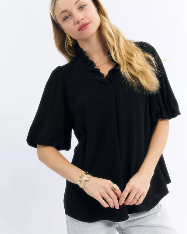 Umgee Linen Scallop Trim V - Neck Blouse - Sleekdenim.com