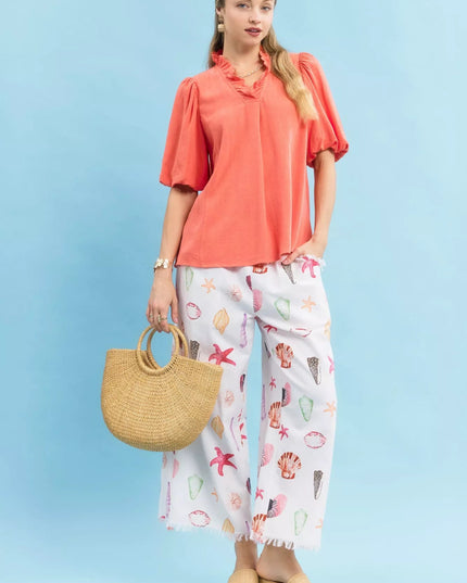 Umgee Linen Scallop Trim V - Neck Blouse - Sleekdenim.com