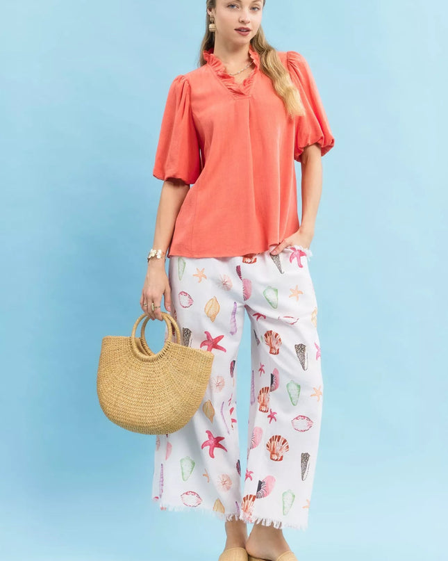 Umgee Linen Scallop Trim V - Neck Blouse - Sleekdenim.com