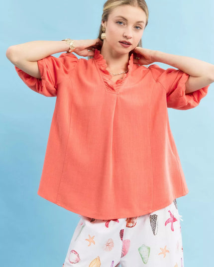 Umgee Linen Scallop Trim V - Neck Blouse - Sleekdenim.com
