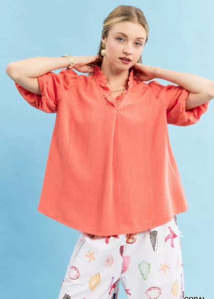 Umgee Linen Scallop Trim V - Neck Blouse - Sleekdenim.com