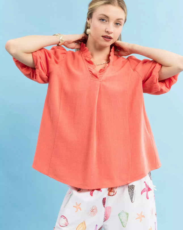 Umgee Linen Scallop Trim V - Neck Blouse - Sleekdenim.com