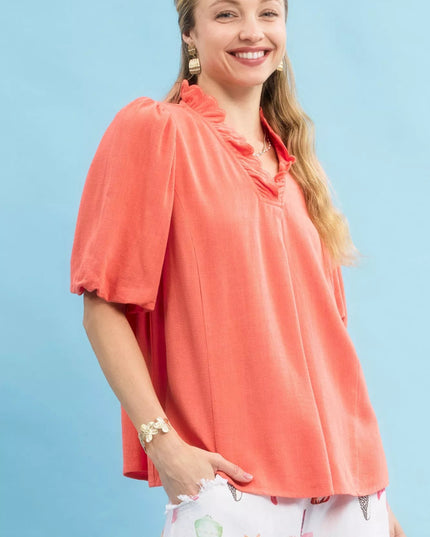 Umgee Linen Scallop Trim V - Neck Blouse - Sleekdenim.com