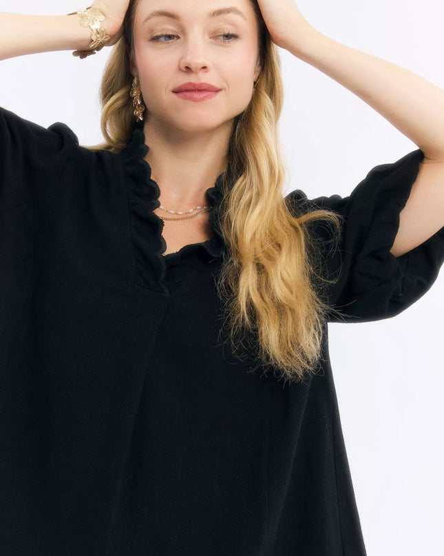 Umgee Linen Scallop Trim V - Neck Blouse - Sleekdenim.com