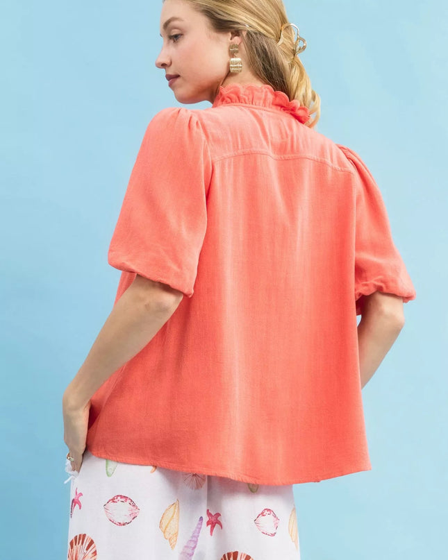 Umgee Linen Scallop Trim V - Neck Blouse - Sleekdenim.com