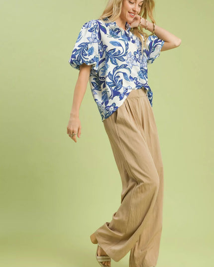 Umgee Lush Blossom Print Puff Sleeve Top with Ruffle Trim Detail - Sleekdenim.com