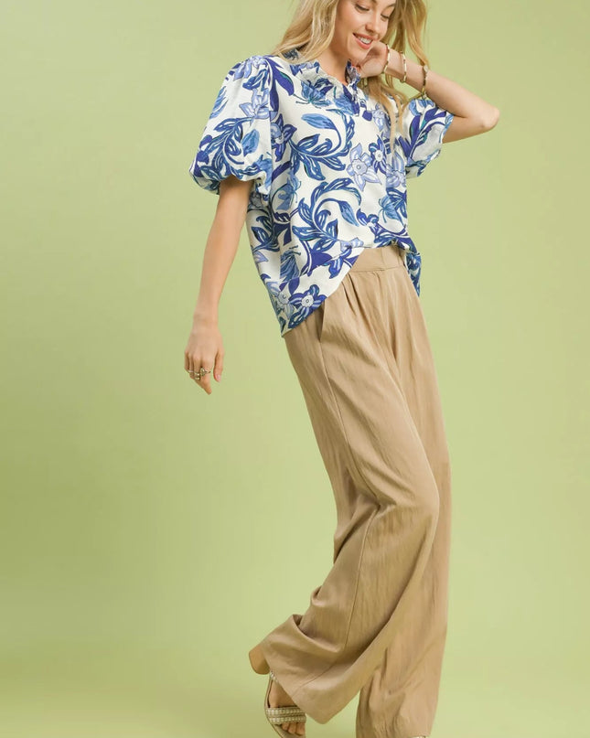 Umgee Lush Blossom Print Puff Sleeve Top with Ruffle Trim Detail - Sleekdenim.com