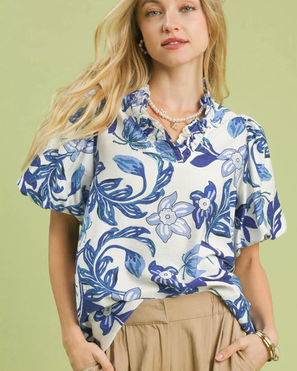 Umgee Lush Blossom Print Puff Sleeve Top with Ruffle Trim Detail - Sleekdenim.com