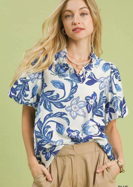 Umgee Lush Blossom Print Puff Sleeve Top with Ruffle Trim Detail - Sleekdenim.com