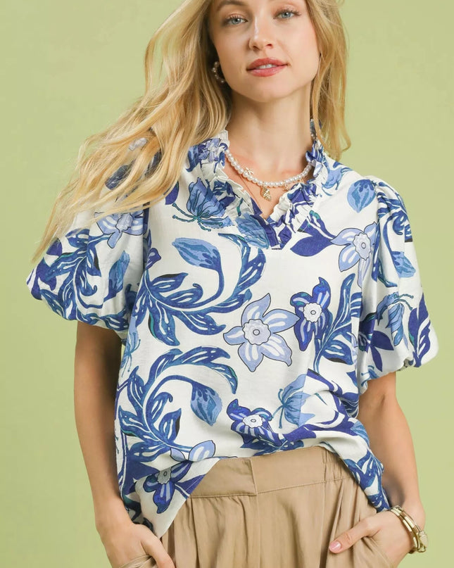 Umgee Lush Blossom Print Puff Sleeve Top with Ruffle Trim Detail - Sleekdenim.com