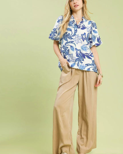 Umgee Lush Blossom Print Puff Sleeve Top with Ruffle Trim Detail - Sleekdenim.com
