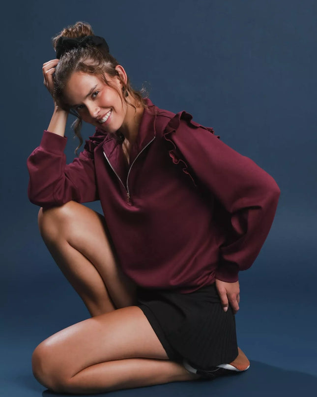 Umgee Luxeknit Ruffle Shoulder Quarter - Zip Sweatshirt - Sleekdenim.com