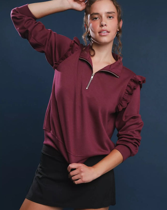 Umgee Luxeknit Ruffle Shoulder Quarter - Zip Sweatshirt - Sleekdenim.com