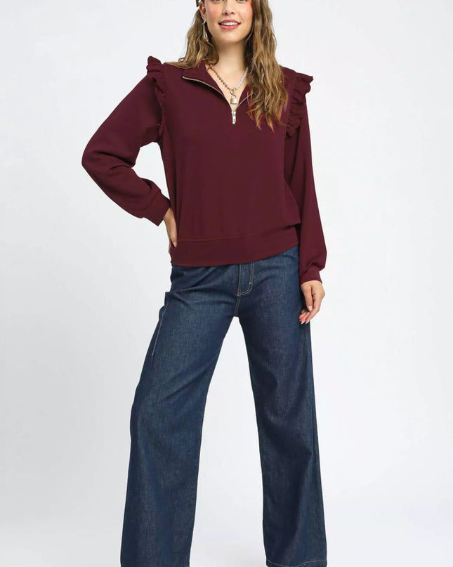 Umgee Luxeknit Ruffle Shoulder Quarter - Zip Sweatshirt - Sleekdenim.com