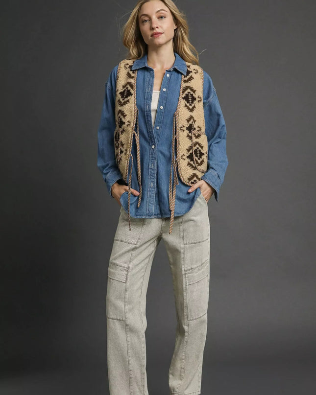Umgee Mix Patterned Sherpa Tie - Front Vest - Sleekdenim.com