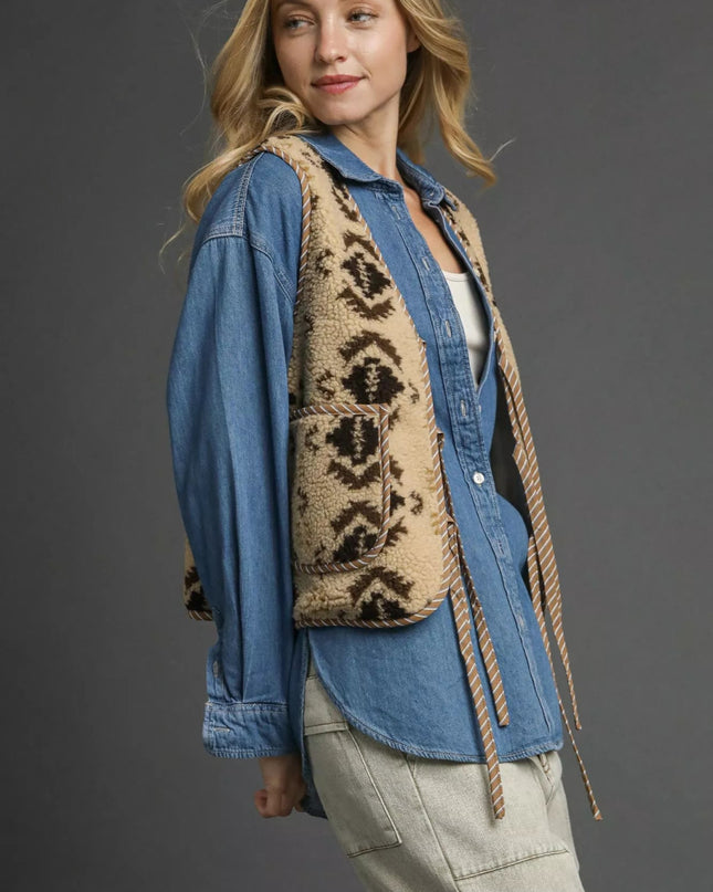 Umgee Mix Patterned Sherpa Tie - Front Vest - Sleekdenim.com