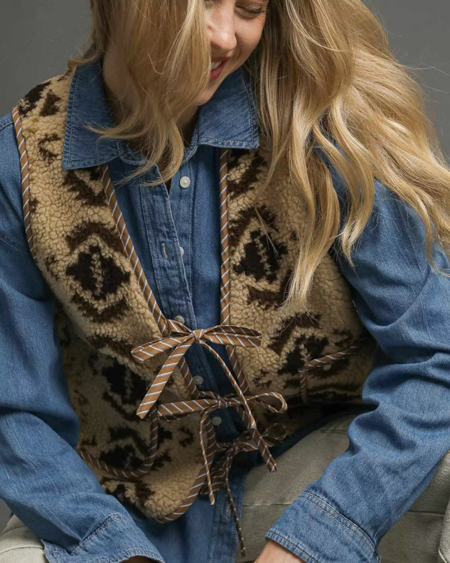 Umgee Mix Patterned Sherpa Tie - Front Vest - Sleekdenim.com