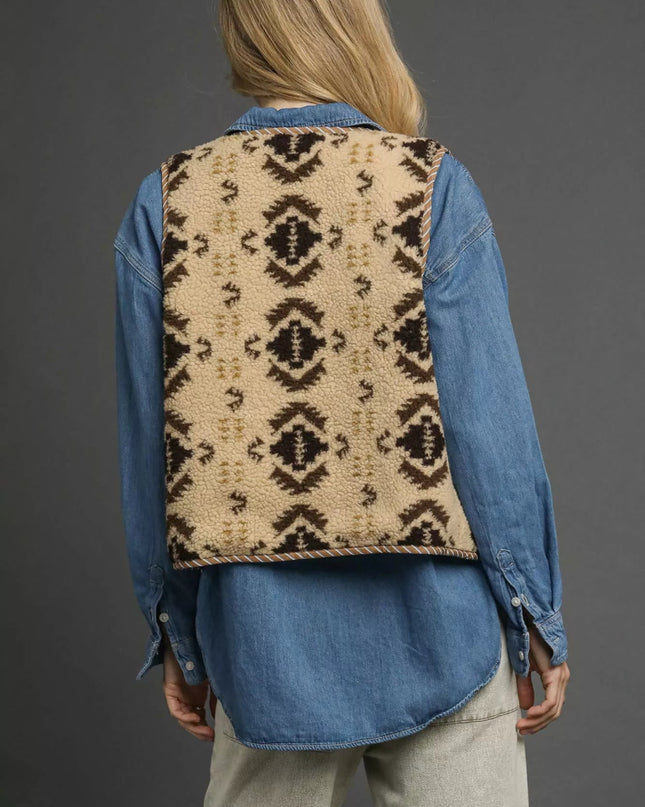 Umgee Mix Patterned Sherpa Tie - Front Vest - Sleekdenim.com