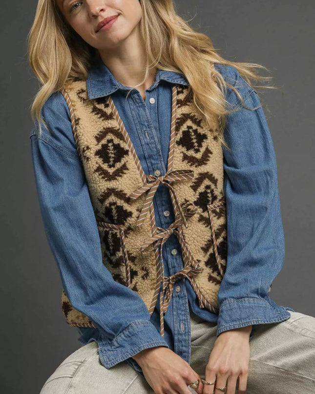 Umgee Mix Patterned Sherpa Tie - Front Vest - Sleekdenim.com