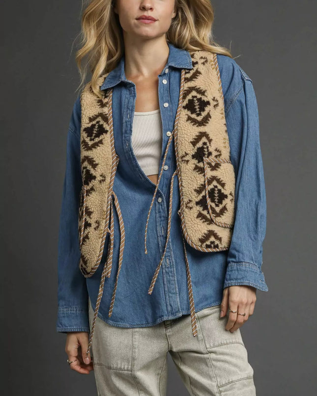 Umgee Mix Patterned Sherpa Tie - Front Vest - Sleekdenim.com