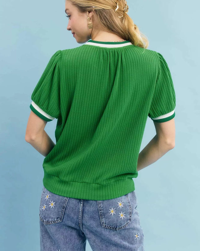 Umgee Puff Sleeve Knit Top with Contrast Rib Trim - Sleekdenim.com