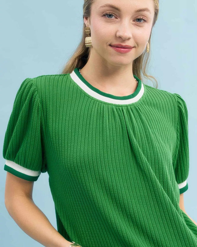 Umgee Puff Sleeve Knit Top with Contrast Rib Trim - Sleekdenim.com