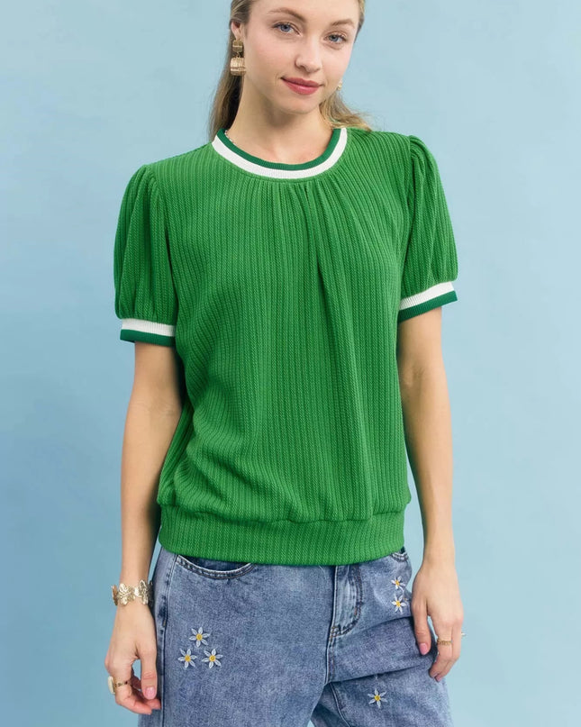 Umgee Puff Sleeve Knit Top with Contrast Rib Trim - Sleekdenim.com