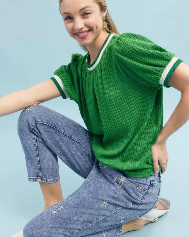 Umgee Puff Sleeve Knit Top with Contrast Rib Trim - Sleekdenim.com