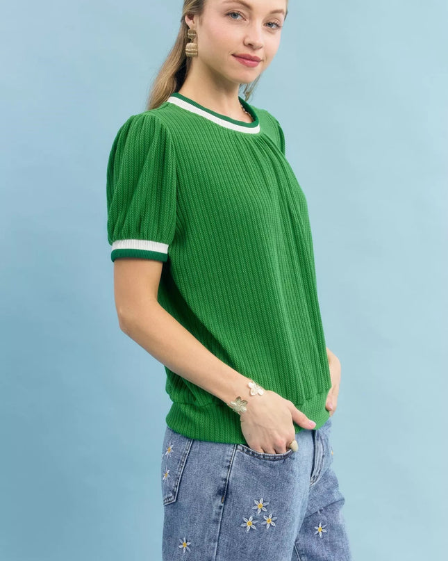 Umgee Puff Sleeve Knit Top with Contrast Rib Trim - Sleekdenim.com